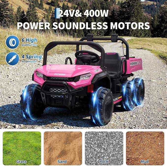 24V 4WD Electric Ride-on Dump Truck for Kids, 2-Seater with Parental Remote Control, 3 Speeds, All-Terrain Off-Road Toy Car for Boys Girls, Pink
