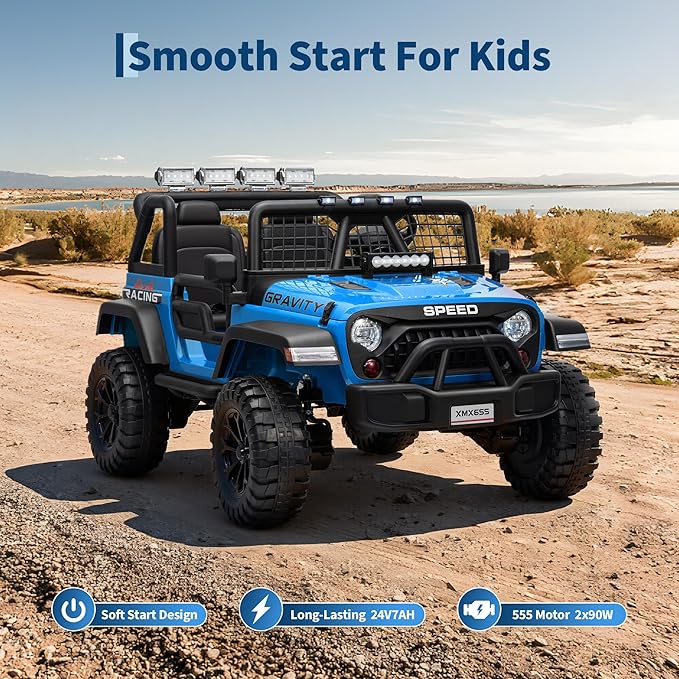 24V 2-Seater Kids Electric Truck with Parent Remote Control, 100Min Ride-on Car, 4WD Dual Motor, 2 Speeds, Spring Shock Absorber, LED Headlights, Siblings Gift Kids Electric Vehicle, Blue