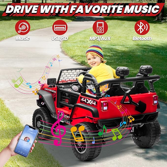 24V XL 2 Seater Ride On Toys Car for Big Kids, 4WD/2WD Switchable Electric Truck w/20'' Wide Seat, Remote Control, 4-Wheeler Suspension, Xmas & Birthday Gift Ideas for Kid Boys Girls, Red