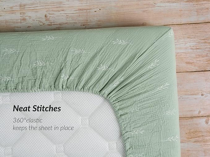Meracorallo Muslin Fitted Crib Sheet, Soft and Breathable Green Leaf Neutral Baby Crib Sheet for Standard Crib and Toddler Mattresses