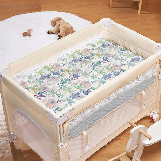 TILLYOU Pack and Play Sheet - Soft Quilted Crib Cover Pad, Toddlers Mattress Protector with 1''-3'' Deep Pocket, Thick Play Yard Playpen Sheets, Crib Mattress Pad 39"x27", Rainforest Elephant
