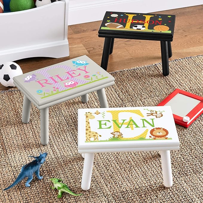 Let’s Make Memories Personalized My Own Name Step Stool - Children’s Step Stool - Sturdy Wood – Non-Toxic Paint, Sealer - Jungle Design - Gray - 14’Wx9.25”Lx8.75”H - Ages 3+
