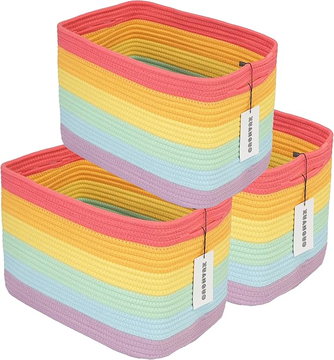 XUANGUO 3-Pack Rainbow Storage Baskets 15X10X9.3“ – Woven Toy Organizer Bins for Kids, Baby Room, Nursery, and Classroom – Cute Square Rope Baskets for Shelves and Organization Rainbow