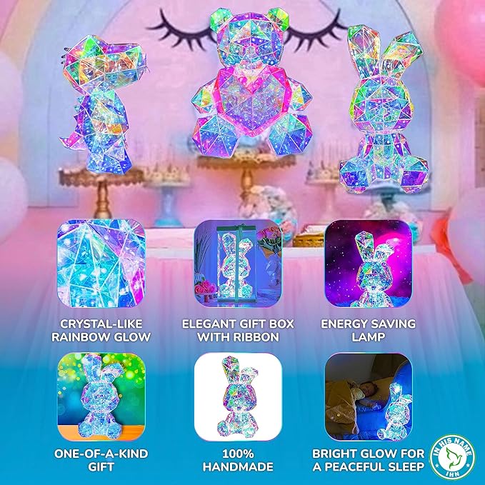 In His Name LED Bunny Night Light Holographic Rainbow Easter Rabbit Lamp Bedside Bunny Light Kids Decoration Boys and Girls Night Light Nursery Lovers Spring Summer Decor Gift