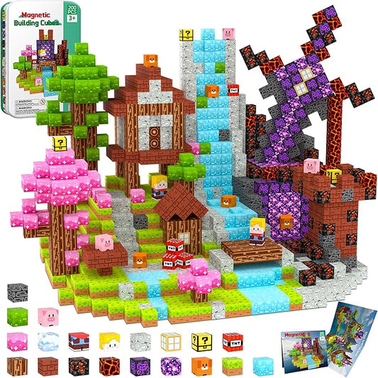 Magnetic Blocks Travel Magnetic Building Blocks Cubes - 200 PCS Tin Box Magnet Toys Set STEM Educational for Kids Ages 3 4 5 6 7 8 9 10 11 12 Year Old Boys Girls Gifts Birthday Christmas