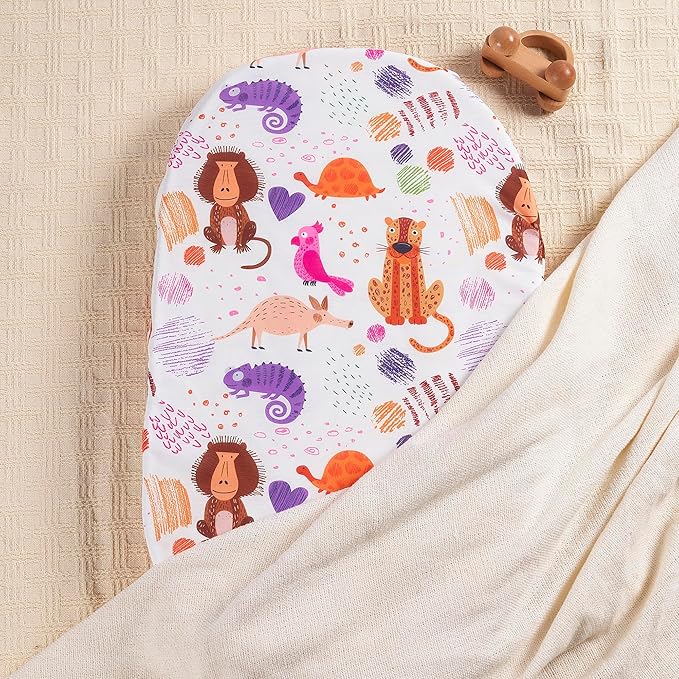 TILLYOU Baby Bassinet Sheets for Girls Boys, Fit for Hourglass Oval Rectangle Bassinet Mattress Sheets, 33”X16”, 2 Pack Animal Graffiti & dot Printing