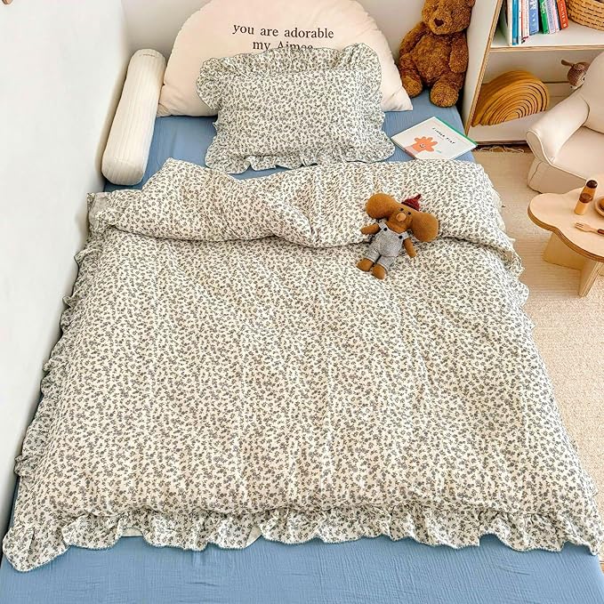 BuLuTu Blue Floral Toddler Kids Duvet Cover for Girls Boys 100% Cotton Muslin Quilt Cover for Toddler Bed Vintage Flower Design Duvet Cover with Ruffles, 47"x59", Pillow Case Not Included