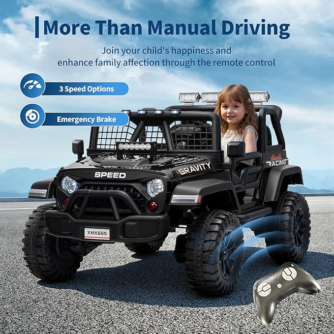 24V 2-Seater Kids Electric Truck with Parent Remote Control, 100Min Ride-on Car, 4WD Dual Motor, 2 Speeds, Spring Shock Absorber, LED Headlights, Siblings Gift Kids Electric Vehicle, Black