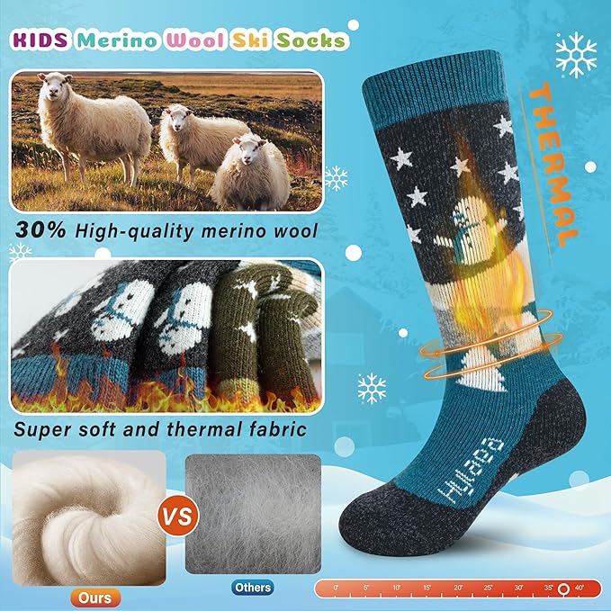 Hylaea Merino Wool Ski Socks Kids, Knee-high Warm Thermal Snowboard Skating Socks for Boys Girls Toddler