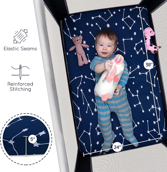 GROW WILD Pack n Play, Mini Crib Sheets 3-Pack | Soft Jersey Sheet Set for Boys or Girls | Playard Mattress, Pack and Play Sheets Fitted | Portable Bassinet Sheet - Stars & Moon Nursery Bedding