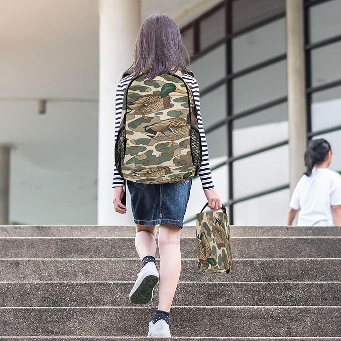 Jucciaco Duck Camo Camouflage Backpack with Lunch Bag for Boys Girls, Travel School Backpack Set