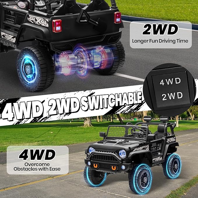24V Ride On Toys for Big Kids, MOEYURO 2 Seater Ride on Cars with 4WD/2WD Switchable, 20'' Wide Seat, Ride on Truck w/Remote Control, 4-Wheeler Suspension, Power Car Wheelers for Kid Boys Girls, Black