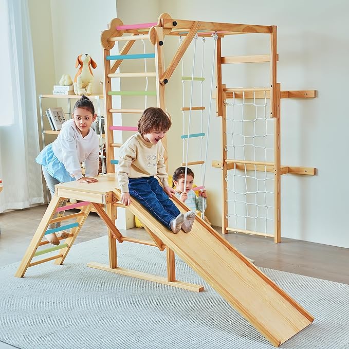 Avenlur Grove 8-in-1 Indoor Jungle Gym with Gymnastic Rings, Climbing Rope, Swing, Slide, Monkey Bars, Rope Wall Net, and Wooden and Rope Ladder - Jungle Play Set for Kids Ages 2-11 Years Old
