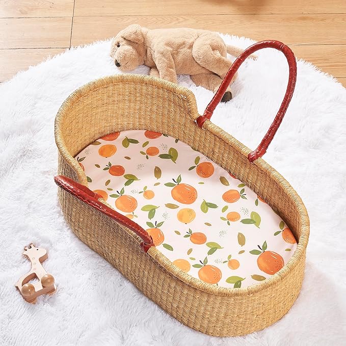 TILLYOU Baby Bassinet Sheets for Girls Boys, Fit for Hourglass Oval Rectangle Bassinet Mattress Sheets, 33”X16”, 2 Pack Orange Flavour & Orange
