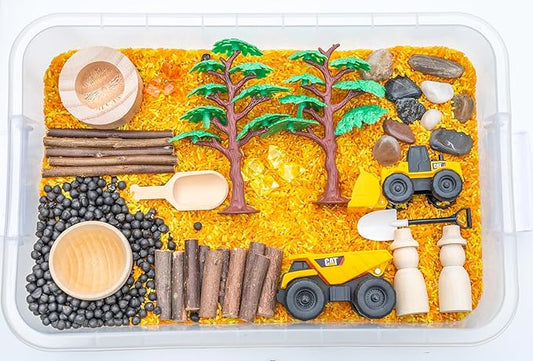 Construction Sensory Bin Kit for Kids – Taste-Safe Rice, Realistic Rocks & Logs, Durable Wooden Tools & Vehicles – Includes Storage Bin – Montessori-Inspired Sensory Play