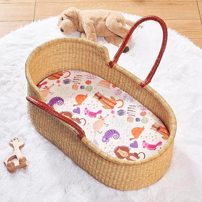 TILLYOU Baby Bassinet Sheets for Girls Boys, Fit for Hourglass Oval Rectangle Bassinet Mattress Sheets, 33”X16”, 2 Pack Animal Graffiti & dot Printing