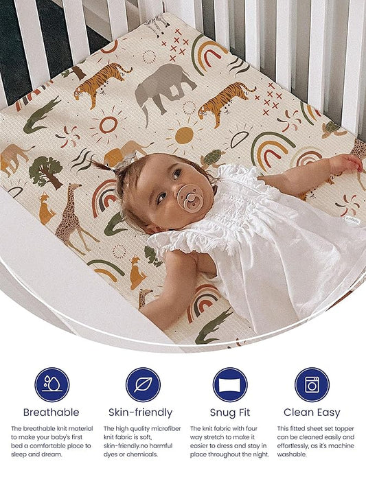 TotAha Jungle Animal Mini Crib Sheet, Premium Stretch Fitted Portable Mini Cribs Playards Sheets, Ultra Soft Breathable Jersey Knit Pack N Play Sheet 24x38x5, 2 Pack