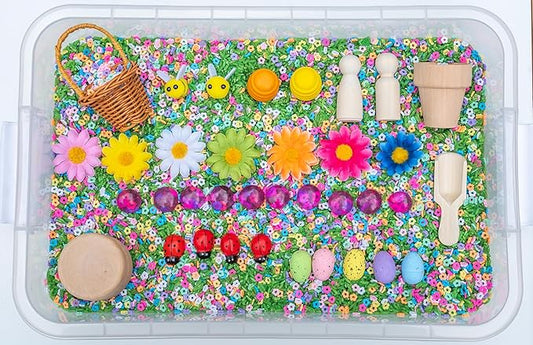 Spring Flower Sensory Bin Kit for Kids – Green Rice, Felt Bees, Wooden Eggs & Ladybugs, Floral Accessories & Wooden Tools – Includes Clear Storage Bin