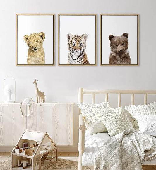 Amy Peterson Art Studio Sleepy Lion, Baby Tiger and Bear Framed Canvas Art Set, 3 Piece 18x24 Natural, Baby Animal Wall Art Decor Set