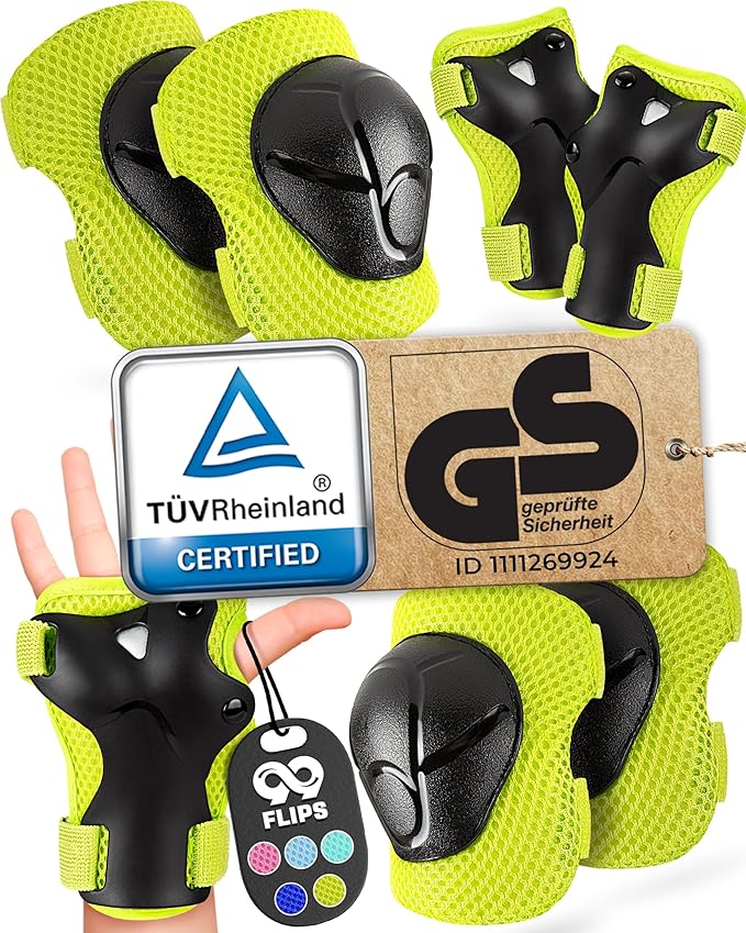 99FLIPS Knee Pads for Kids 3-12 Years - 6pcs Complete Set Certified by TÜV Rheinland - Knee Pads Elbow Pads and Wrist Guards for Kids and Toddler - Skateboard Roller Skates Scooter