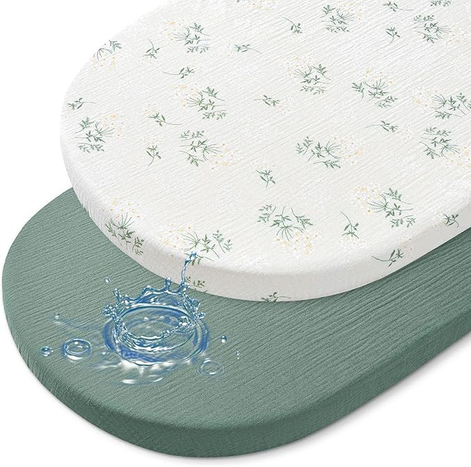 Baby Bassinet Sheets TPU Waterproof 2 Pack Soft Muslin Bedside Bassinet Mattress Sheets with Bottom Elastic Band for Baby Boy Girls Unisex Fit Hourglass Oval and Rectangle, Dark Green