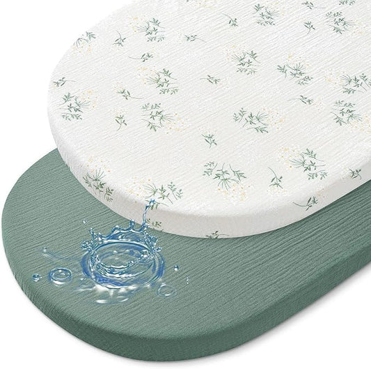 Baby Bassinet Sheets TPU Waterproof 2 Pack Soft Muslin Bedside Bassinet Mattress Sheets with Bottom Elastic Band for Baby Boy Girls Unisex Fit Hourglass Oval and Rectangle, Dark Green