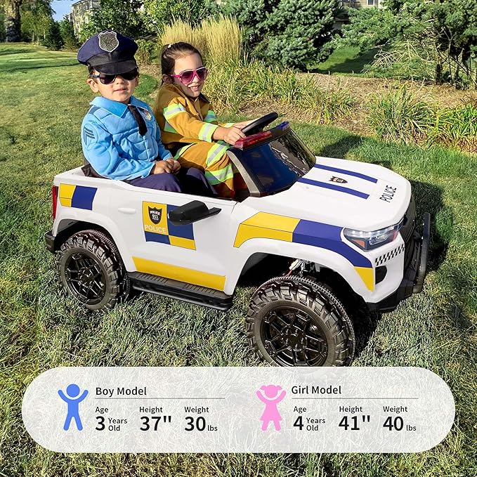 24V 10Ah Electric Police SUV Car Ride-On Toy for Big Kids, 4WD 2-Seater w/Parental Remote Control, 5Mph Max Speed - White