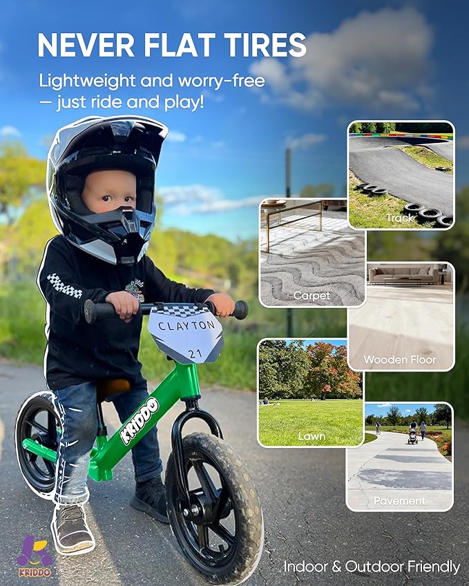 KRIDDO Toddler Balance Bike 2 Year Old, Age 18 Months to 5 Years Old, 12 Inch Push Bicycle with Customize Plate (3 Sets of Stickers Included), Gift Bike for 2-3 Boys Girls, Green