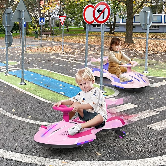 12V Electric Wiggle Car with Pedal for Kids, Rechargeable 2 in 1 Swing Car, Drifting Ride On Toys with Backrest, Anti-Rollover, Spray, Flashing Light, Music, for Ages 3 and Up (Pink)
