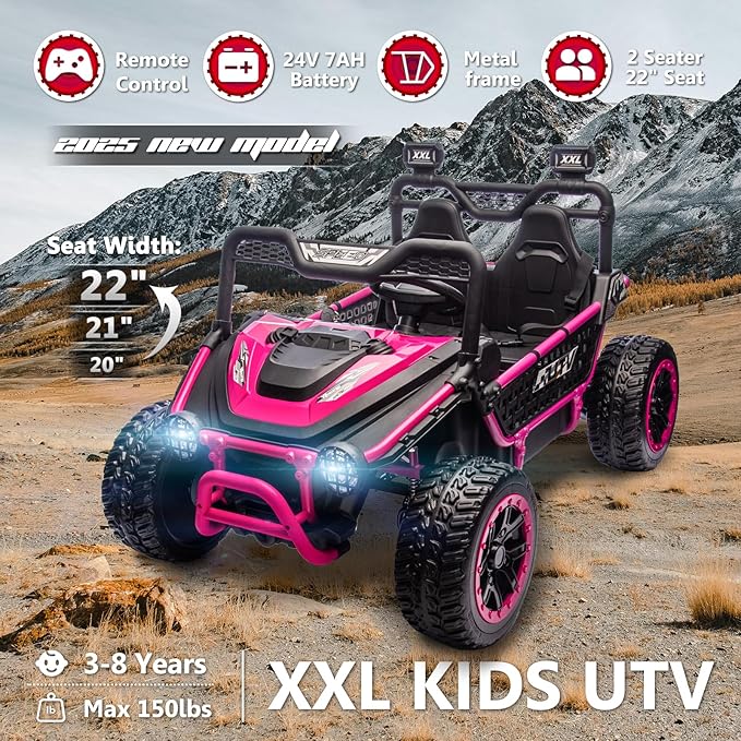 XXL 24V 7Ah 2 Seater Ride On Toy for Big Kids Ride On Car with Remote Control 4WD Kids UTV with 22" Seat, LED Lights, Bluetooth Music Player, EVA Rubber Tires, Spring Suspension, Pink