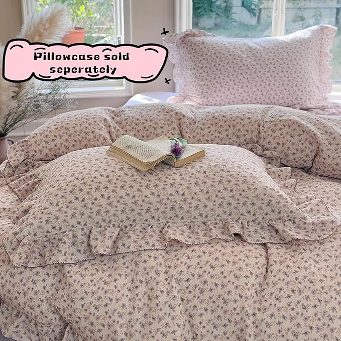 BuLuTu Purple Floral Duvet Cover King, Muslin Cotton Comforter Cover for King Size Bed, Cottage Ruffles Bedding Quilt Covers 104"x90", Zipper & 4 Ties, No Pillowcses, All Seasons