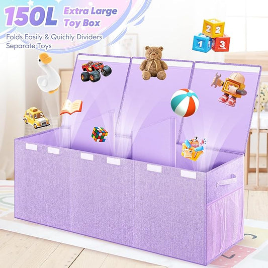 Mabahoo Extra Large Toy Box, Toy Chest for Kids Boys Girls, Collapsible Sturdy Storage Organizer with Mesh Pockets, 40"x14"x16" Kids Box Bins Baskets for Nursery, Playroom, Purple