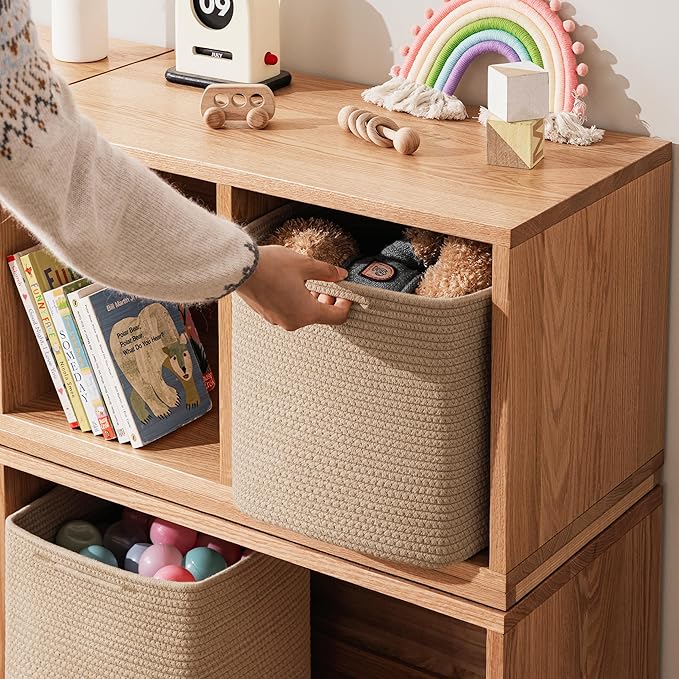 joybest 11inch Cube Storage Bins Set of 4, Cotton Rope Woven Organizer Basket for Shelves, Cube Bin Square Shelves Organizer Closet Storage, Nursery, Toy Organization, Brown