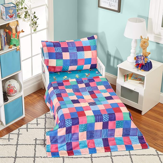 EVERYDAY KIDS Llama Llama 4 Pc Toddler Bedding Set with Comforter, Flat Sheet, Fitted Sheet and Pillowcase Bright Blue Toddler Bed Set Features Llama Llama and Friends
