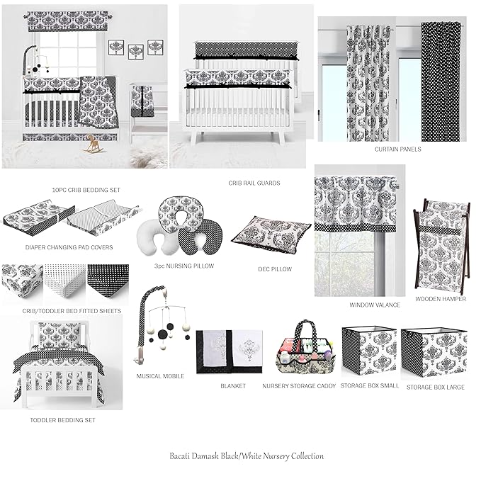 Bacati - Classic Damask Black/White 4 Pc Neutral dler Bedding Set 100 Percent Cotton Includes Reversible Comforter, Fitted Sheet, Top Sheet, and Pillow Case for Boys/Girls
