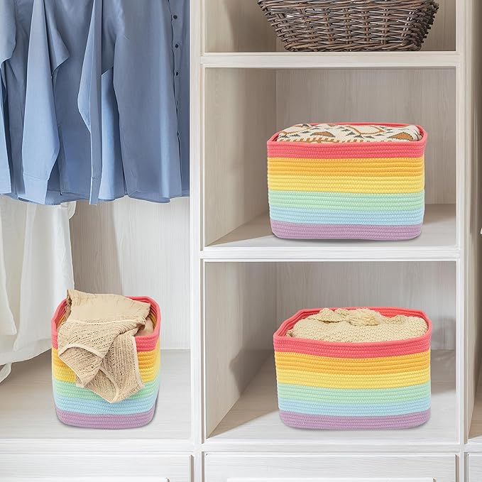 XUANGUO 3-Pack Rainbow Storage Baskets 15X10X9.3“ – Woven Toy Organizer Bins for Kids, Baby Room, Nursery, and Classroom – Cute Square Rope Baskets for Shelves and Organization Rainbow