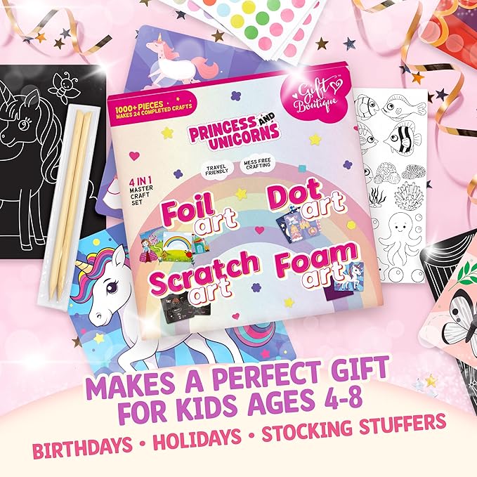Unicorn Princess Craft Kit for Girls | 24 Kids Arts and Crafts Project Activities Set | Dot Foam Scratch Foil Art Stocking Stuffers | Birthday Holiday Christmas Gift Toys for Girls Ages 4-8 Years Old