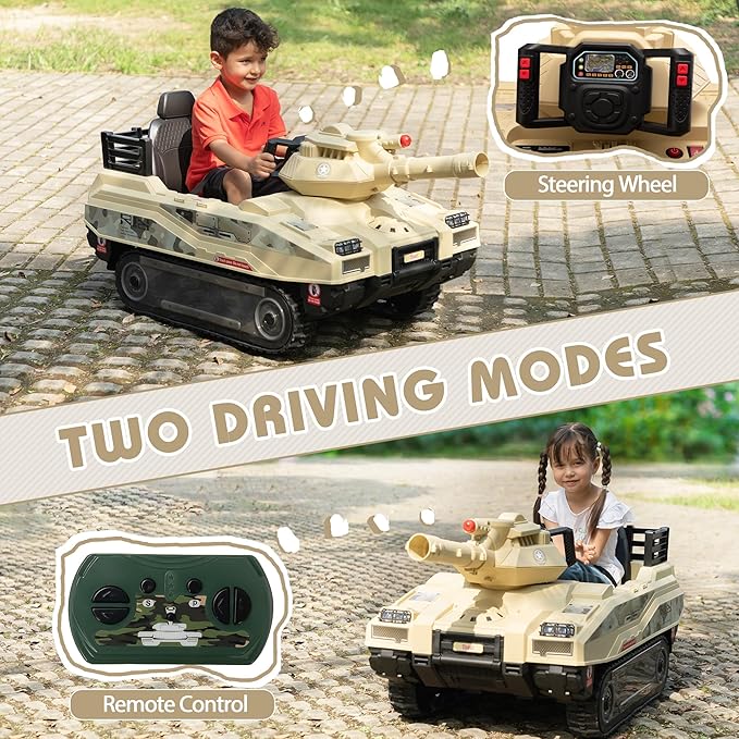 TOBBI 24V Electric Kids Ride on Tank Car with Remote Control for Toddlers, 360°Spin Off-Road Fighting Military Vehicle with Missiles, Battery Powered Toy for Boy&Girl to Drive Age 4-8