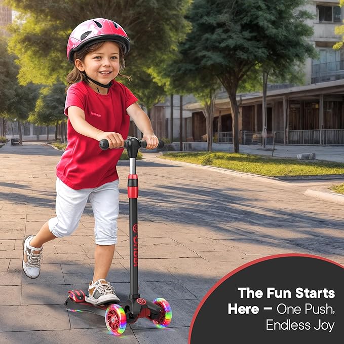 Dribbl 3-Wheel Kids Scooter - Lean-to-Steer Technology, Adjustable Height Handlebar, Anti-Slip Deck, Scooter for Boys & Girls Ages 3+, Child Safety Approved, Support Rider Up To 165 lbs, Black and Red