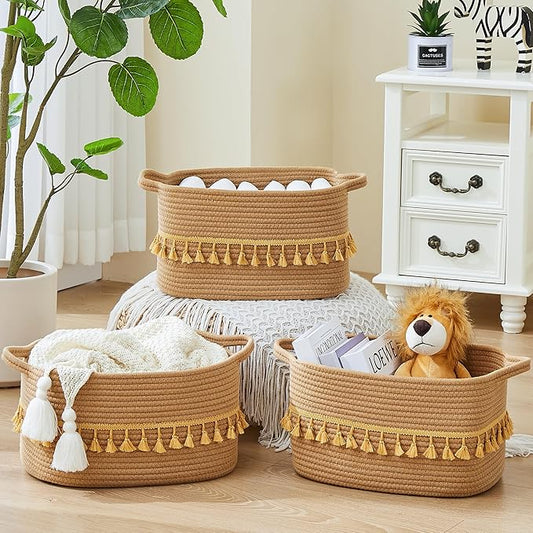 BUBUSUN Storage Bins Woven Baskets for Storage Set of 3, Cotton Rope Basket with Handles for Toys/Shelves/Laundry, Rectangle Multi-Purpose Organizer for Living Room, Bedroom, Nursery (Brown)