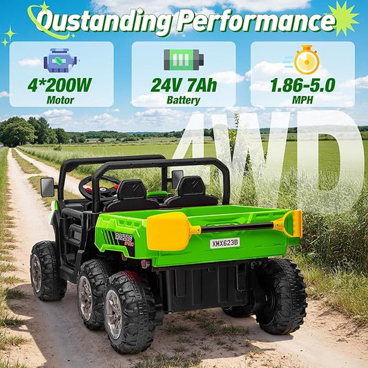 24V Ride on Dump Truck, XL 2 Seater Ride on Cars with Remote Control, 4x200W Powerful Motors, 6-Wheel Suspensions, Electric Dump Bed, Shovel, Kids UTV for Boy Girl,Pure Green