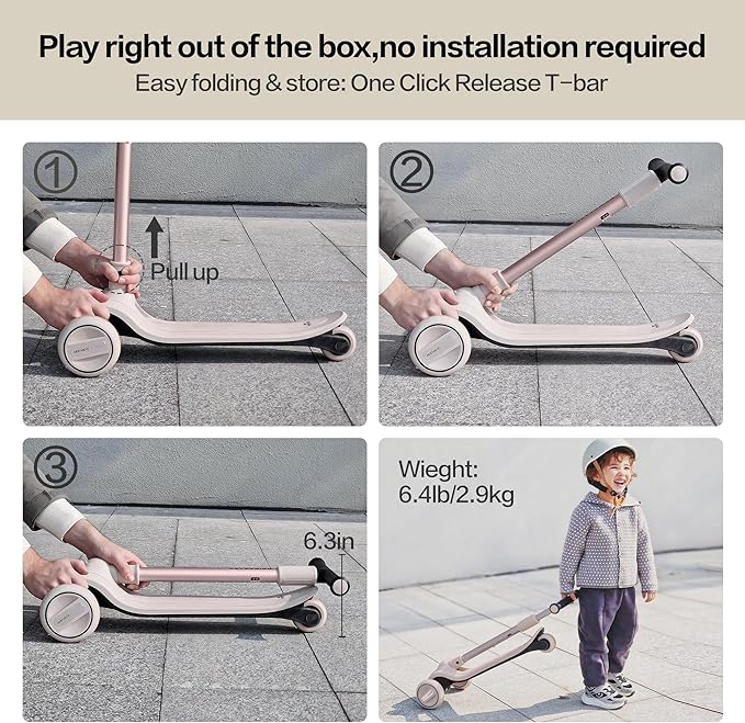 Kick Scooter for Kids Ages 3-18, Max 220 Lbs, Toddler Scooter with Adjustable Lean-To-Steer Switch, Foldable, Wide Anti-Slip Deck, Lightweight, 4 Adjustable Heights, Light up 3 Wheel Scooter