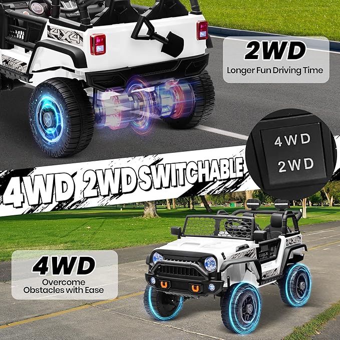 24V XL 2 Seater Ride On Toys for Big Kids, 4WD/2WD Switchable 800W Electric Truck w/20'' Wide Seat, Remote Control, 4-Wheeler Suspension, Xmas & Birthday Gift Ideas for Boys Girls, White