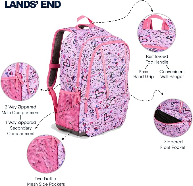 Lands' End Unisex Kids Large ClassMate Lightweight Durable Elementary School Backpack, Fuchsia Pink