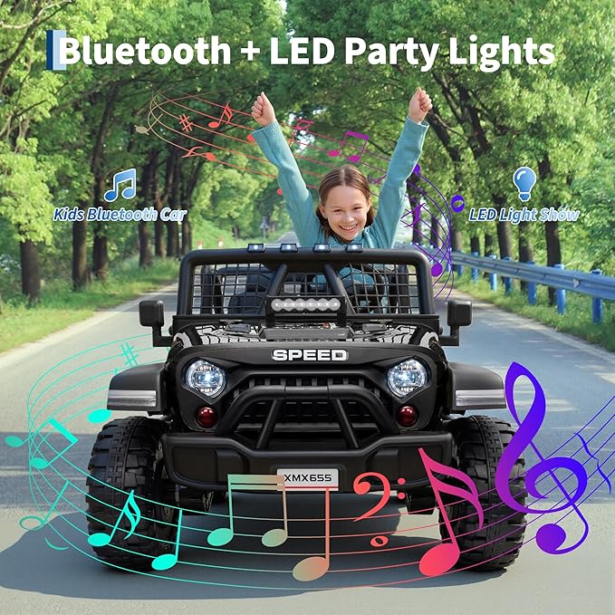 24V 2-Seater Kids Electric Truck with Parent Remote Control, 100Min Ride-on Car, 4WD Dual Motor, 2 Speeds, Spring Shock Absorber, LED Headlights, Siblings Gift Kids Electric Vehicle, Black