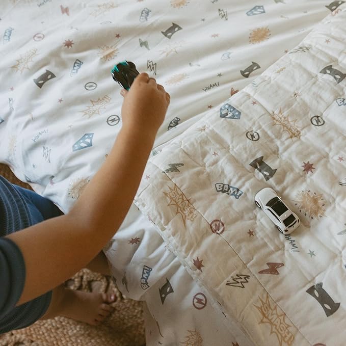 MakeMake Organics Organic Toddler Comforter GOTS Certified Organic Kids Blanket Cotton Infill Tufted - Reversible Ultra Soft Breathable Boys Girls Superheros(44"x60", Mighty Heros)