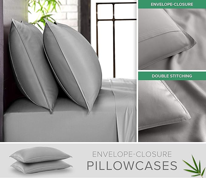 Pure Bamboo Twin XL Sheets, Genuine 100% Organic Viscose Derived from Bamboo Bed Sheet Set, Luxuriously Soft & Cooling, Double Stitching, 2 Year Quality Promise (Twin XL, Stone Grey)