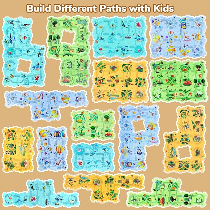 Puzzle Racer Kids Car Track Set, Kids Toys Boys 3-5, Toys for 3 4 5 6 Year Old Boys, Toys for Ages 3-4, Montessori Toys for 3+ Year Old, Fat Brain Toys(100Pcs, 4 Themes)
