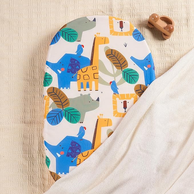 TILLYOU Baby Bassinet Sheets for Girls Boys, Fit for Hourglass Oval Rectangle Bassinet Mattress Sheets, 33”X16”, 2 Pack Animal Geometry & Blue