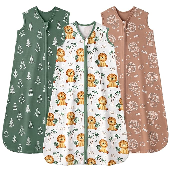 Baby Sleep Sack 18-24 months, 100% Cotton Sleeping Sack for Toddler, 3 Pack Baby Wearable Blanket, 0.5 Tog Lightweight Double Zipper Sleep Bag XLarge Brown Green Lion